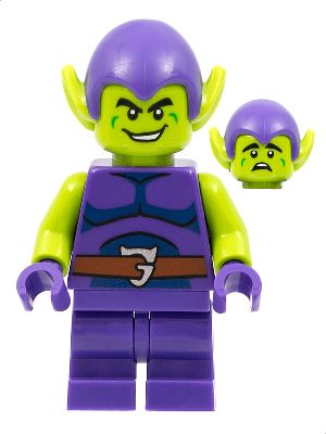 Sh803 . LEGO Minifigura - Green Goblin - Lime Skin, Dark Purple Outfit, Medium Legs