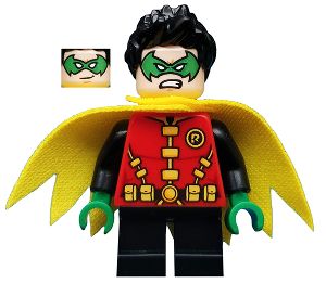 Sh588 - LEGO Minifigura - Robin - Green Mask and Hands, Black Short Legs, Yellow Scalloped Cape