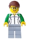 Newsstand Worker - Female, White and Green Sweatshirt with Zipper, Light Bluish Gray Legs, Reddish Brown Hair with Bun, Glasses