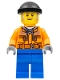 Snow Groomer Operator - Male, Orange Safety Jacket, Reflective Stripe, Sand Blue Hoodie, Blue Legs, Black Knit Cap, Moustache and Sideburns