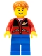 Red Jacket with Zipper Pockets and Classic Space Logo, Blue Legs, Dark Orange Short Tousled Hair